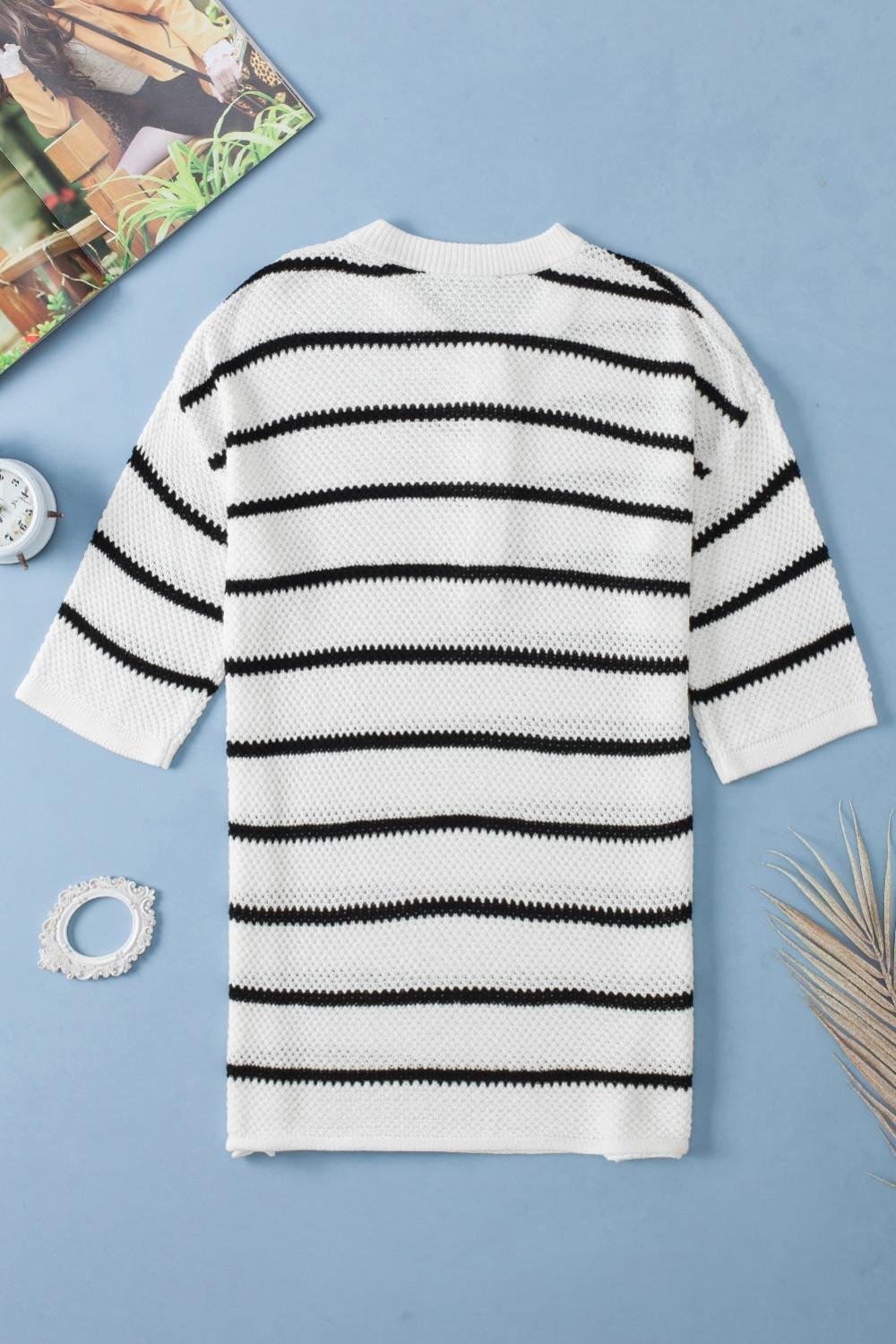 Knit Tops | Women White Stripe Drop Shoulder Bracelet Sleeve Henley Knit Tee