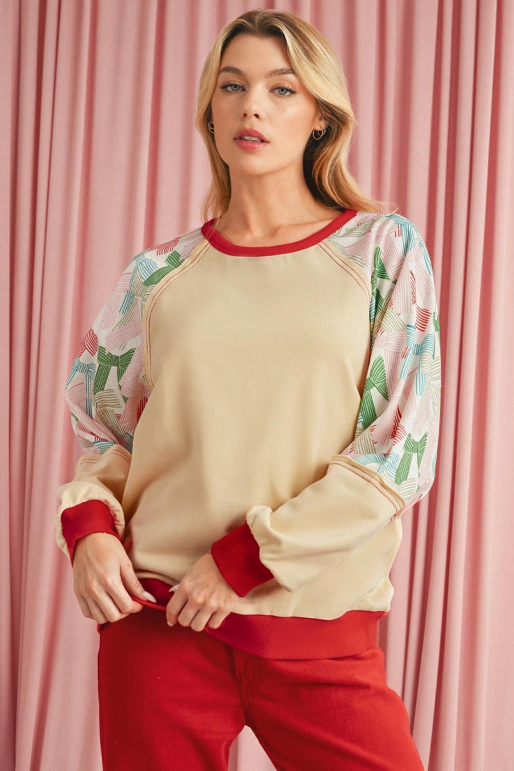 Long Sleeve Tops | Women Beige Bowknot Print Patchwork Raglan Sleeve Top