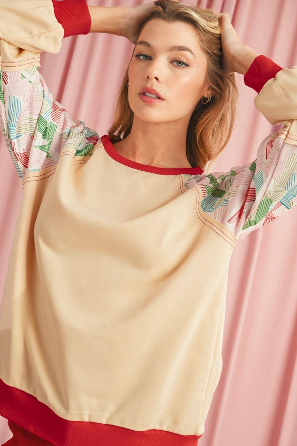 Long Sleeve Tops | Women Beige Bowknot Print Patchwork Raglan Sleeve Top