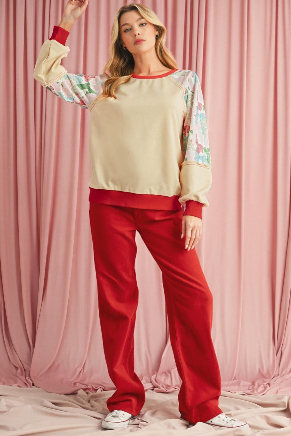 Long Sleeve Tops | Women Beige Bowknot Print Patchwork Raglan Sleeve Top