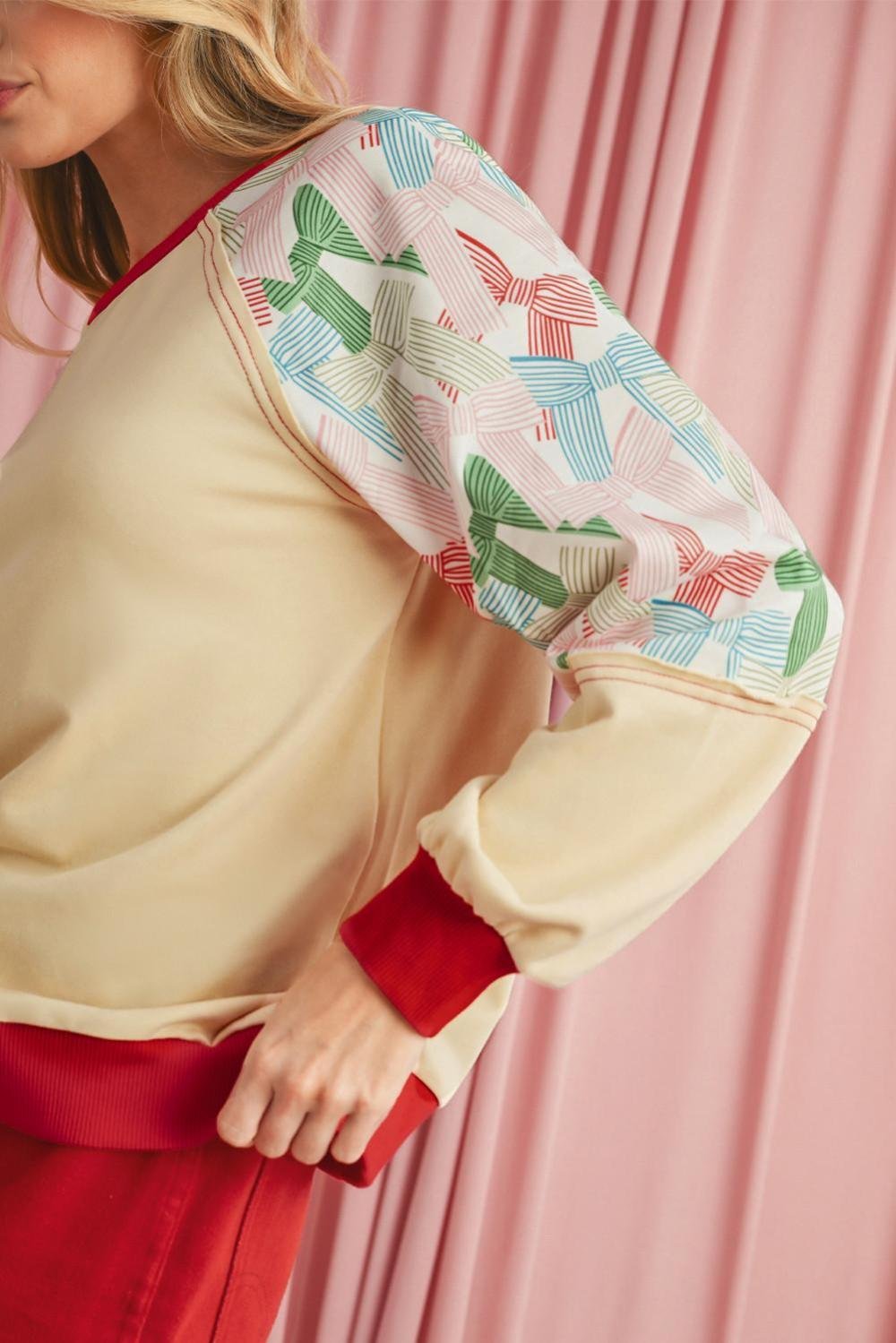Long Sleeve Tops | Women Beige Bowknot Print Patchwork Raglan Sleeve Top