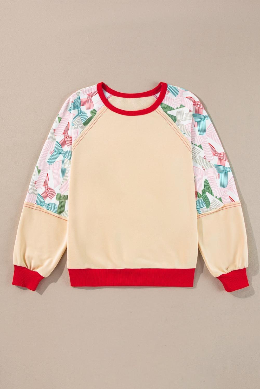 Long Sleeve Tops | Women Beige Bowknot Print Patchwork Raglan Sleeve Top