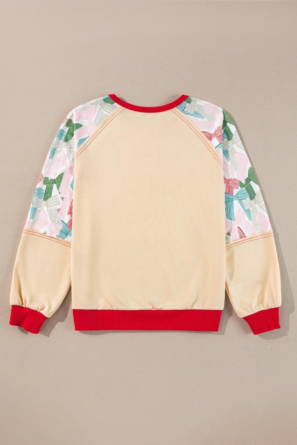 Long Sleeve Tops | Women Beige Bowknot Print Patchwork Raglan Sleeve Top