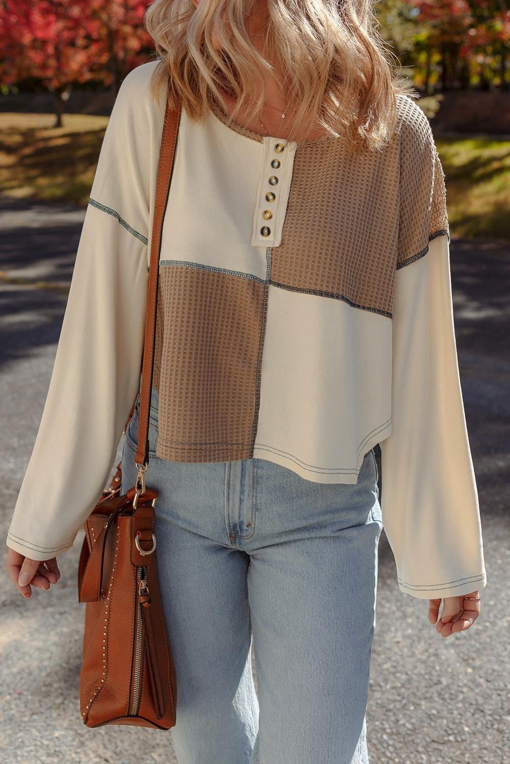 Long Sleeve Tops | Women Beige Waffle Patchwork Stitch Detail Long Sleeve Henley Top