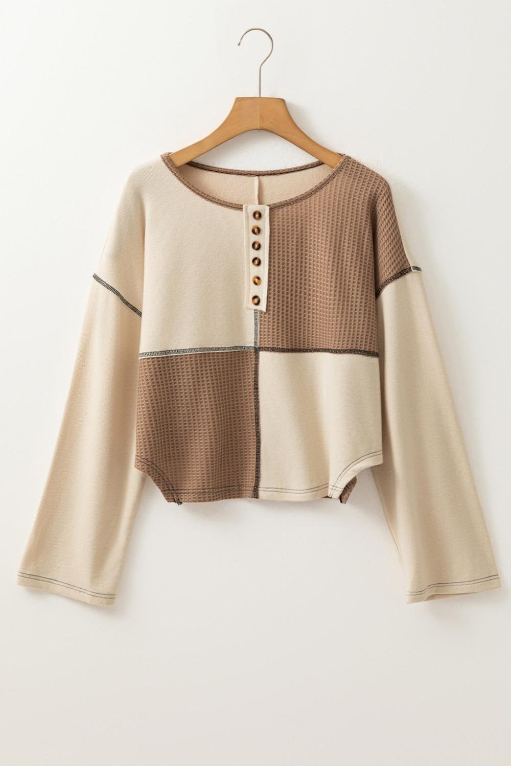Long Sleeve Tops | Women Beige Waffle Patchwork Stitch Detail Long Sleeve Henley Top