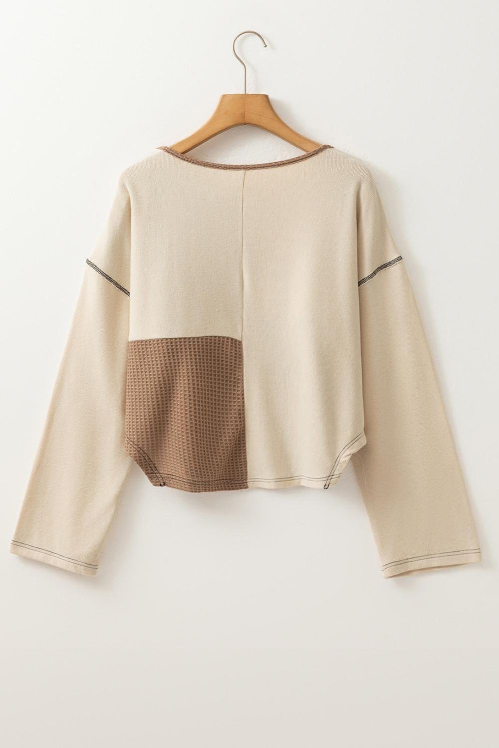 Long Sleeve Tops | Women Beige Waffle Patchwork Stitch Detail Long Sleeve Henley Top