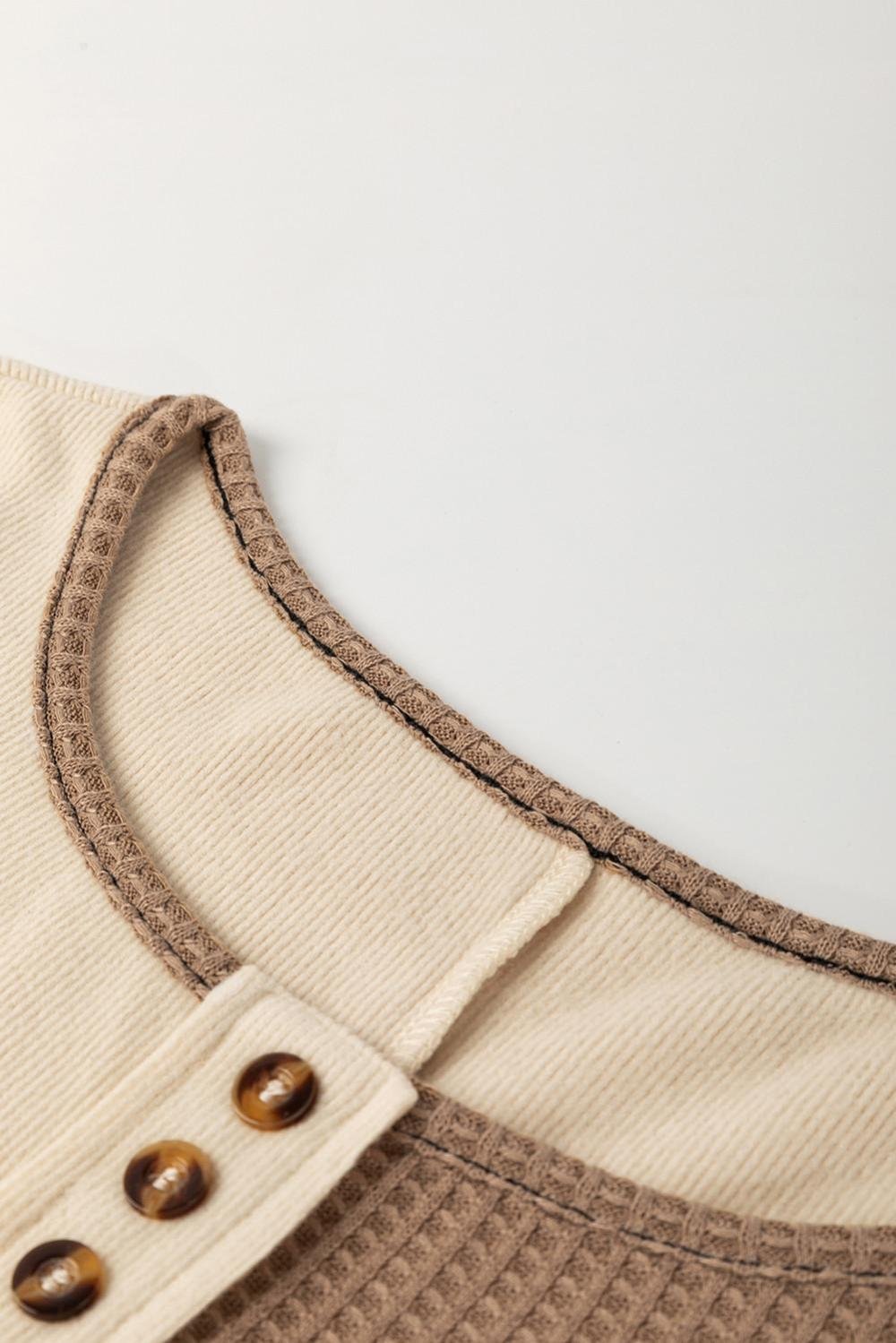 Long Sleeve Tops | Women Beige Waffle Patchwork Stitch Detail Long Sleeve Henley Top