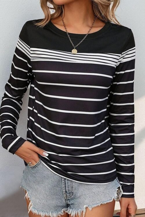 Long Sleeve Tops | Women Black Casual Striped Long Sleeve Top