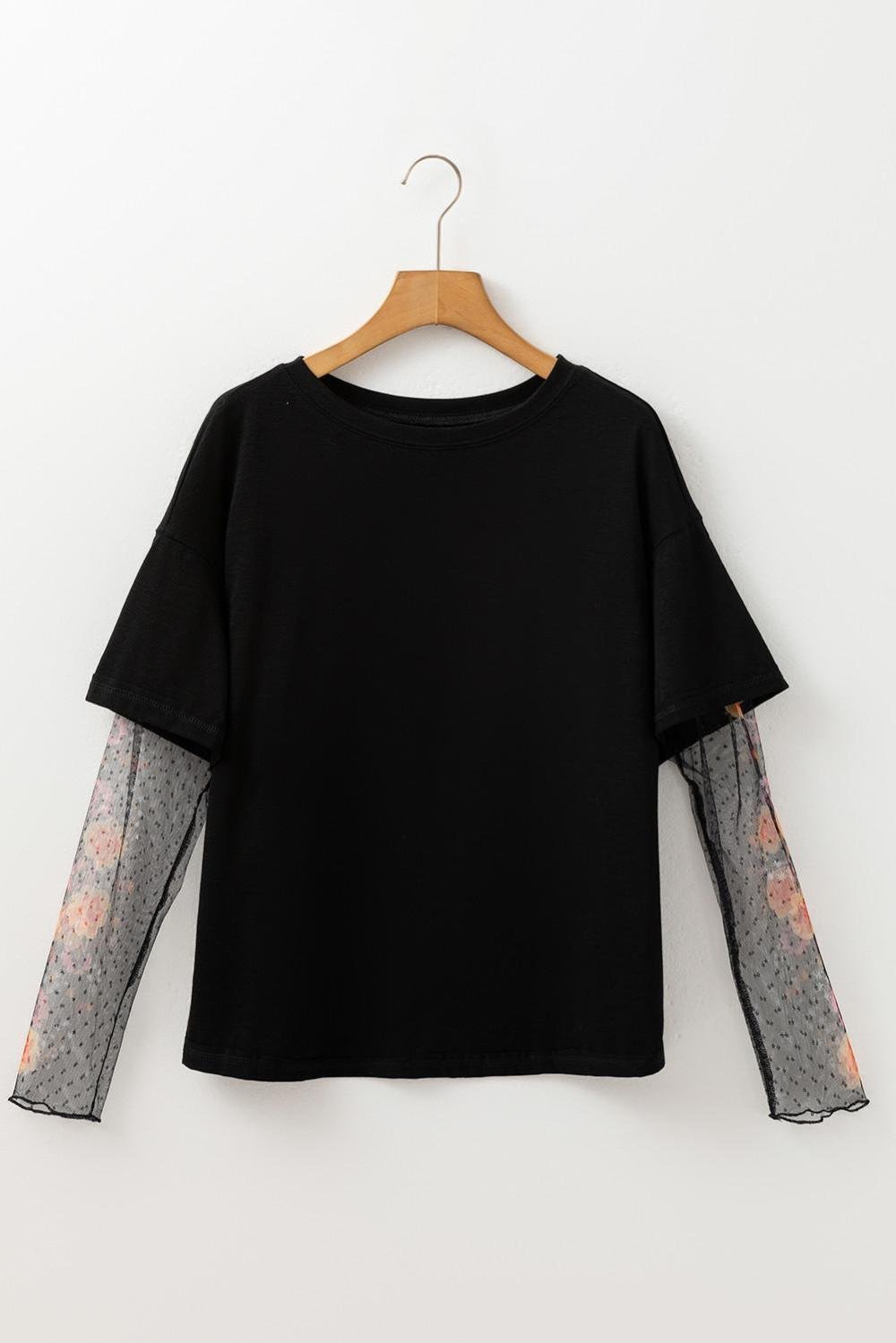 Long Sleeve Tops | Women Black Floral Mesh Sleeve Fake Two-Piece Top