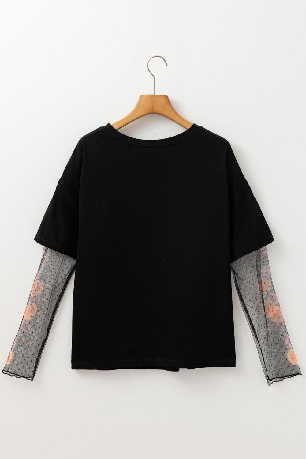 Long Sleeve Tops | Women Black Floral Mesh Sleeve Fake Two-Piece Top