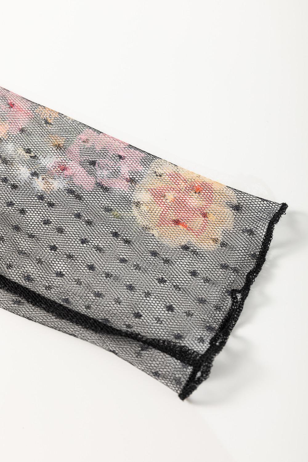 Long Sleeve Tops | Women Black Floral Mesh Sleeve Fake Two-Piece Top