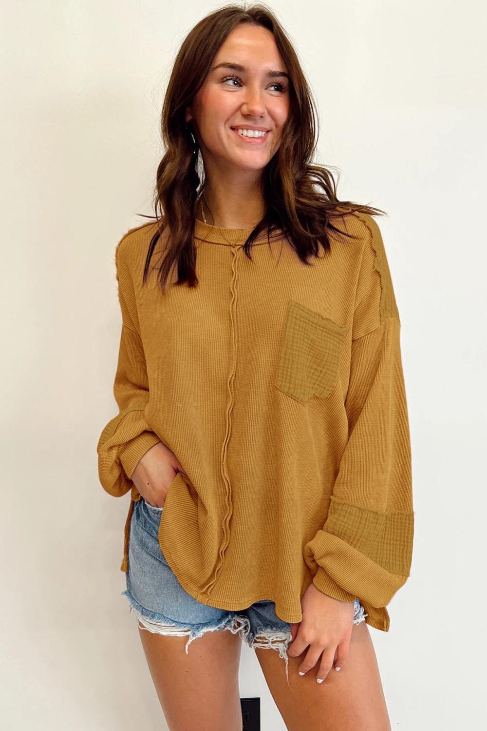 Long Sleeve Tops | Women Brown Waffle Crinkle Patchwork Long Sleeve Top