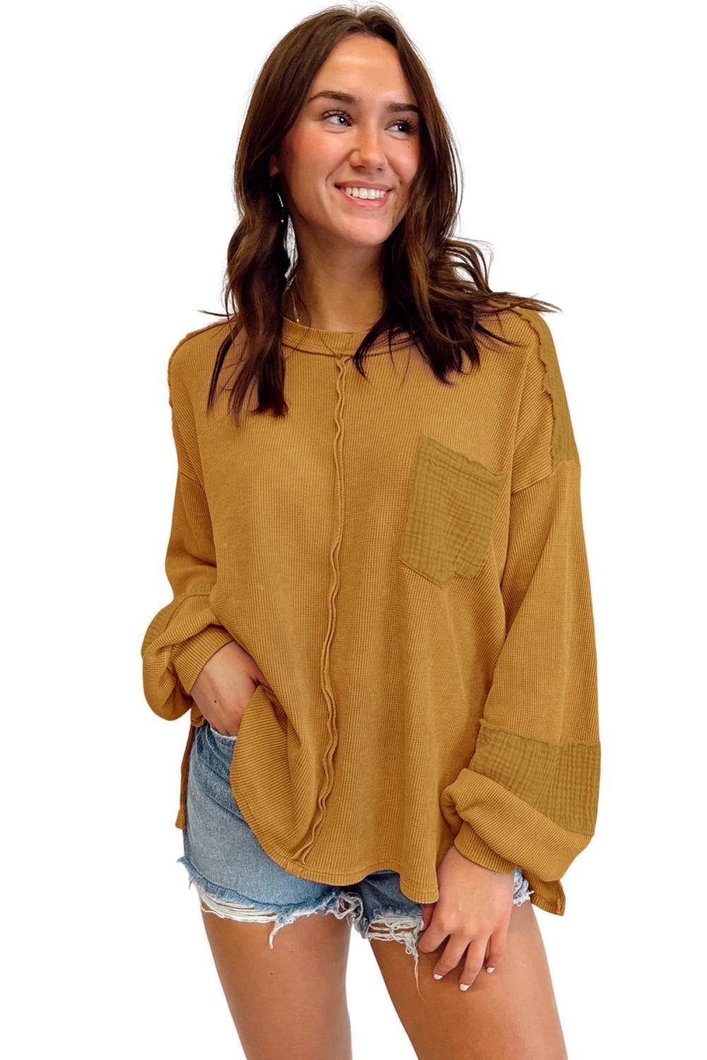 Long Sleeve Tops | Women Brown Waffle Crinkle Patchwork Long Sleeve Top