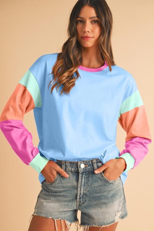 Long Sleeve Tops | Women Dark Blue Color Block Sleeve Loose Fit Top