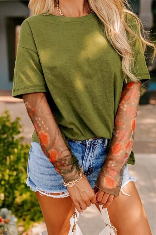 Long Sleeve Tops | Women Fern Green Floral Mesh Patchwork Sleeve Crewneck Top