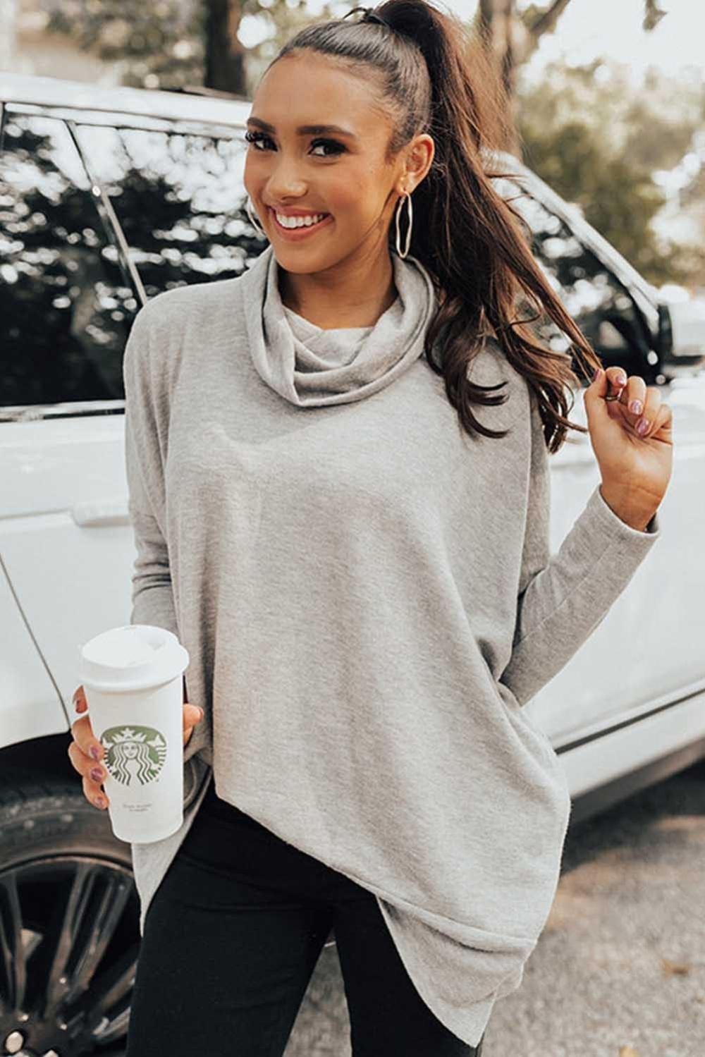 Long Sleeve Tops | Women Gray Cowl Neck Loose Fit Tunic Top
