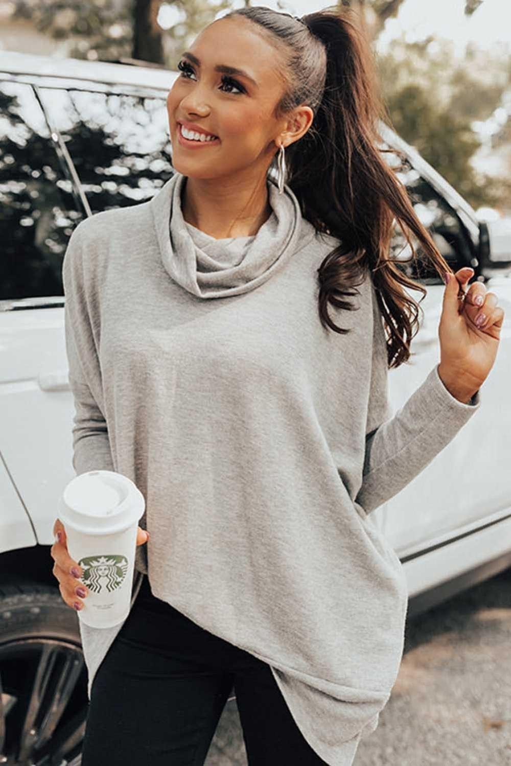 Long Sleeve Tops | Women Gray Cowl Neck Loose Fit Tunic Top
