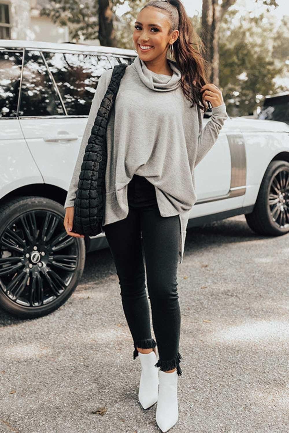 Long Sleeve Tops | Women Gray Cowl Neck Loose Fit Tunic Top