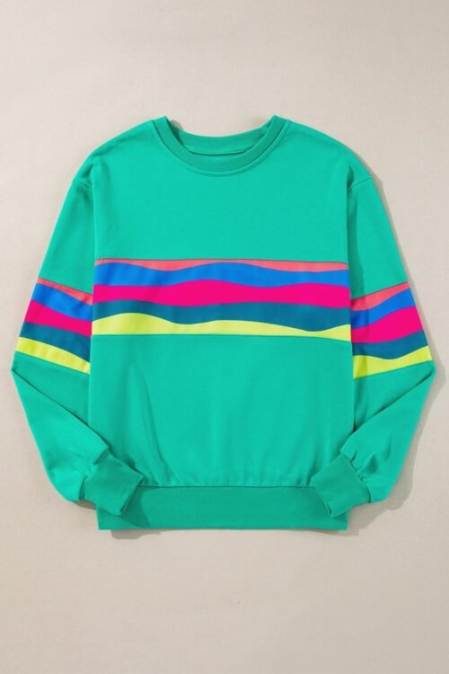 Long Sleeve Tops | Women Green Colorful Striped Round Neck Long Sleeve Top