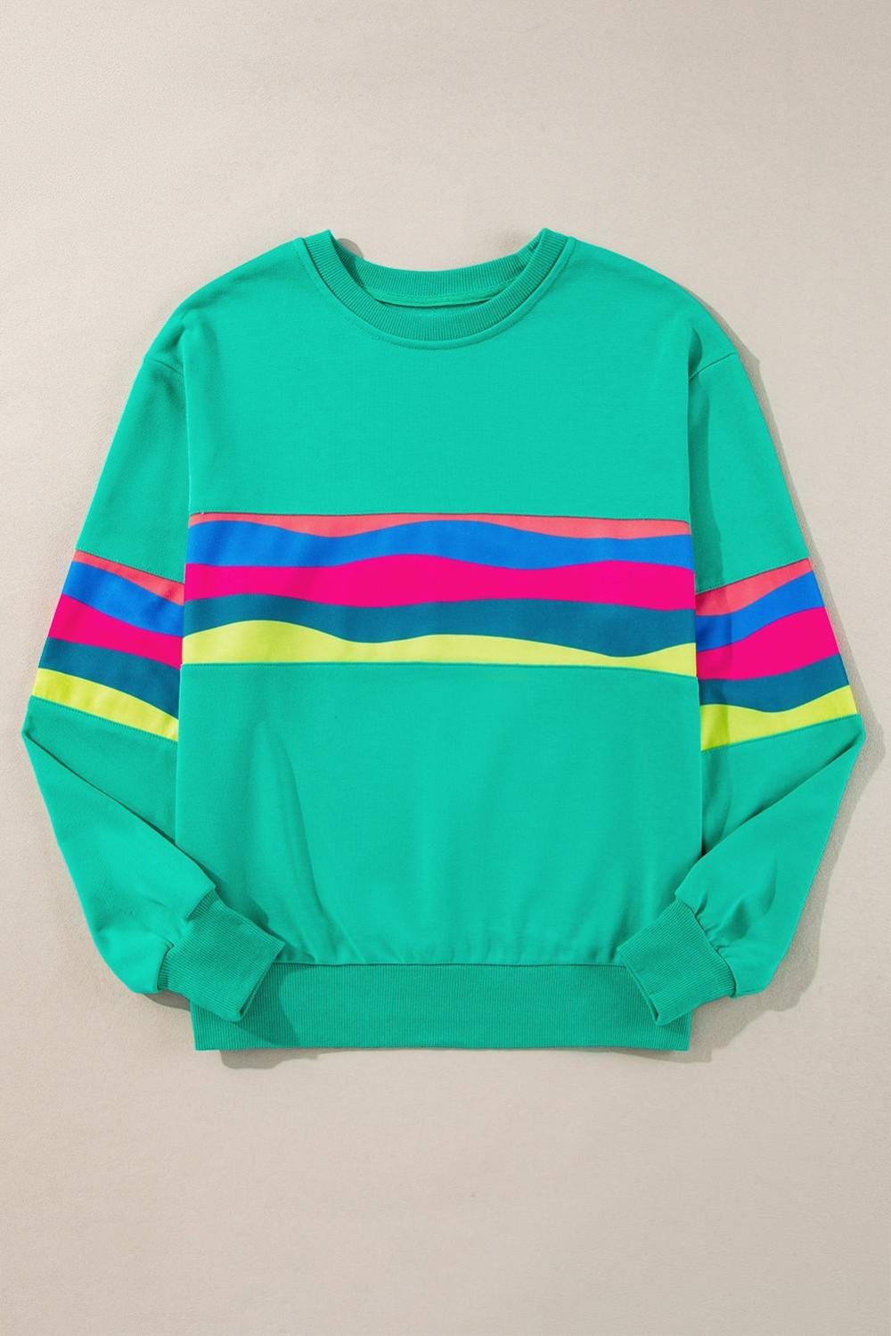 Long Sleeve Tops | Women Green Colorful Striped Round Neck Long Sleeve Top