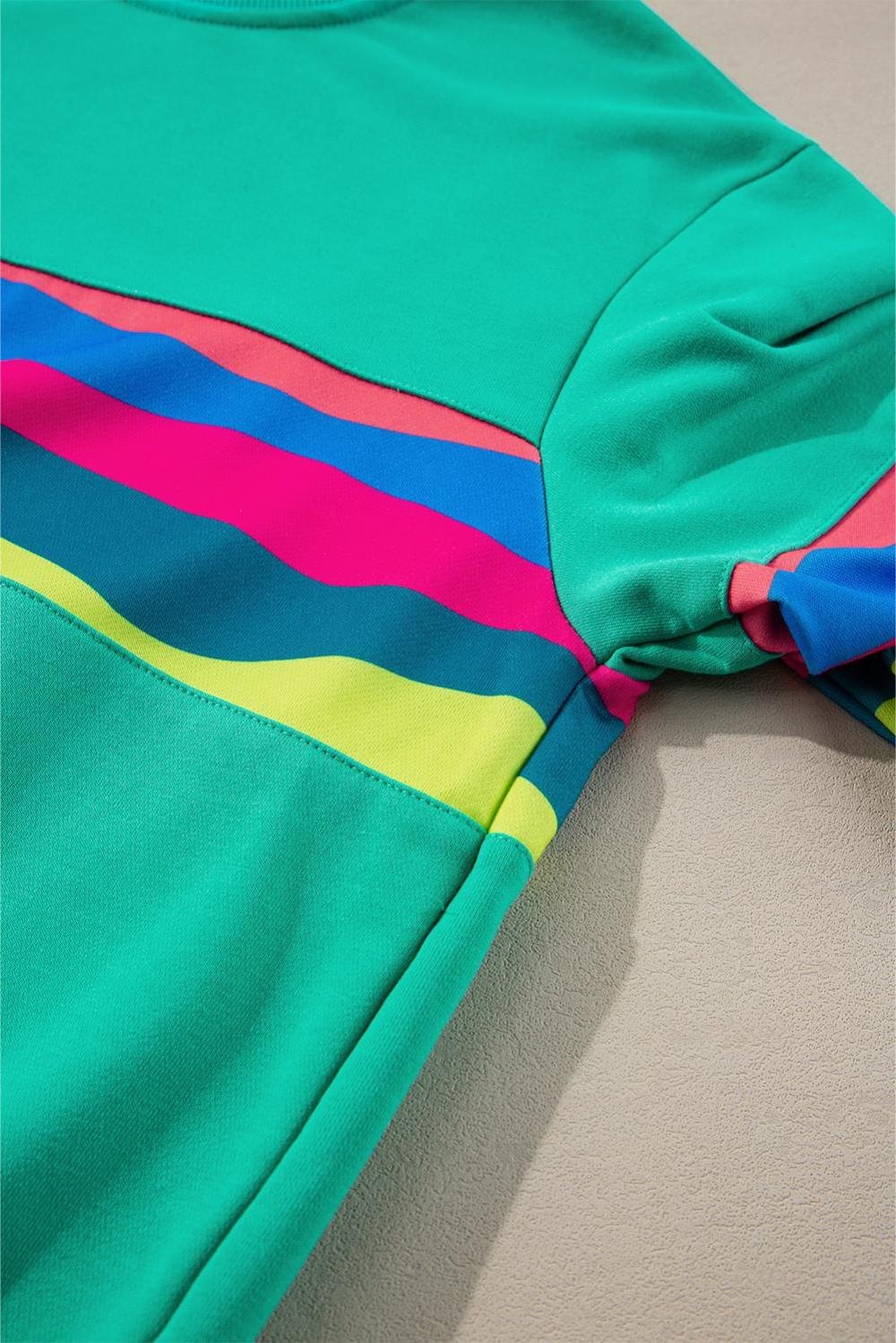 Long Sleeve Tops | Women Green Colorful Striped Round Neck Long Sleeve Top