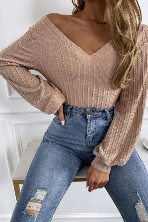 Long Sleeve Tops | Women Khaki Knitted Jacquard V Neck Lantern Sleeve Top