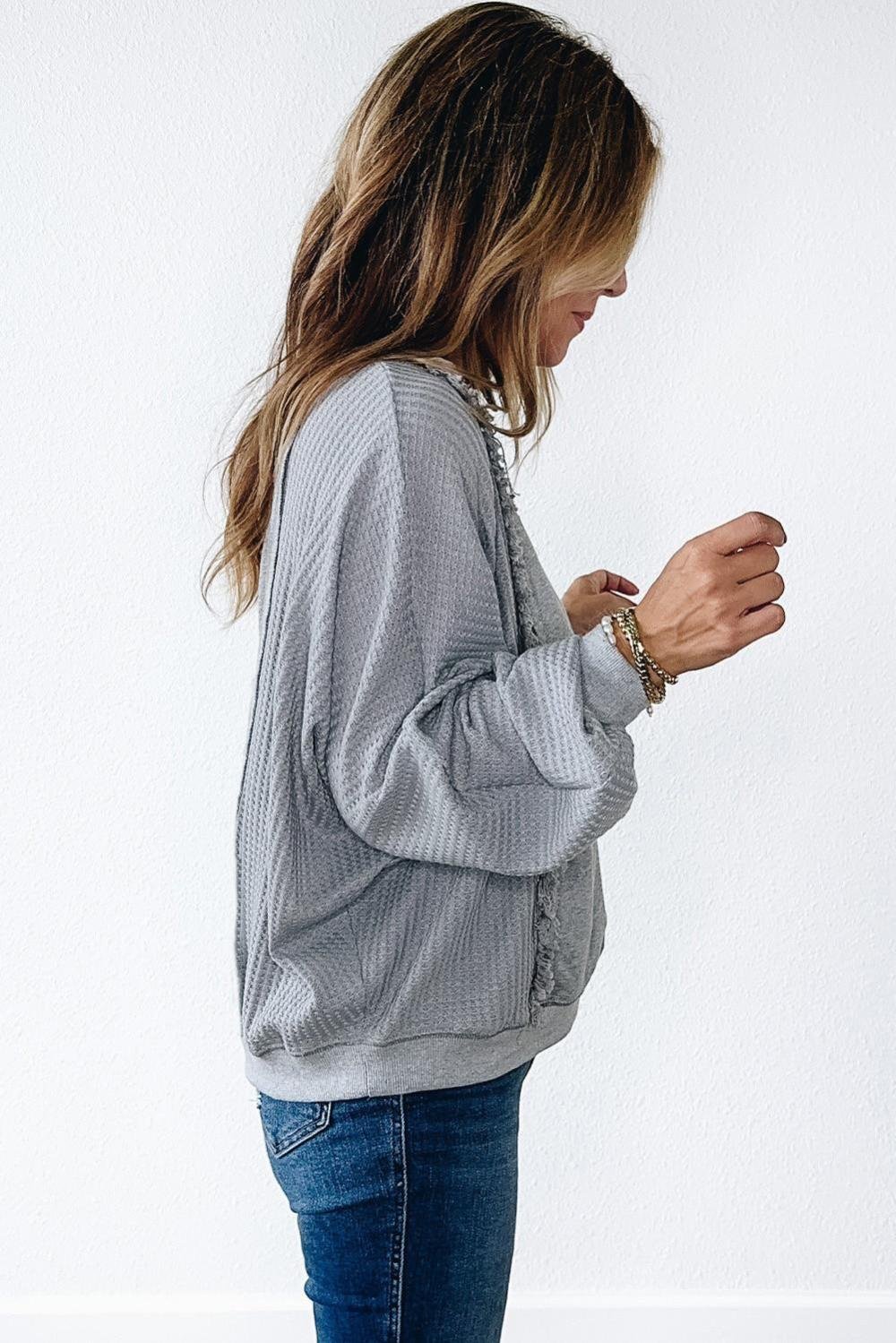 Long Sleeve Tops | Women Light Grey Waffle Patchwork Long Sleeve Pullover Top