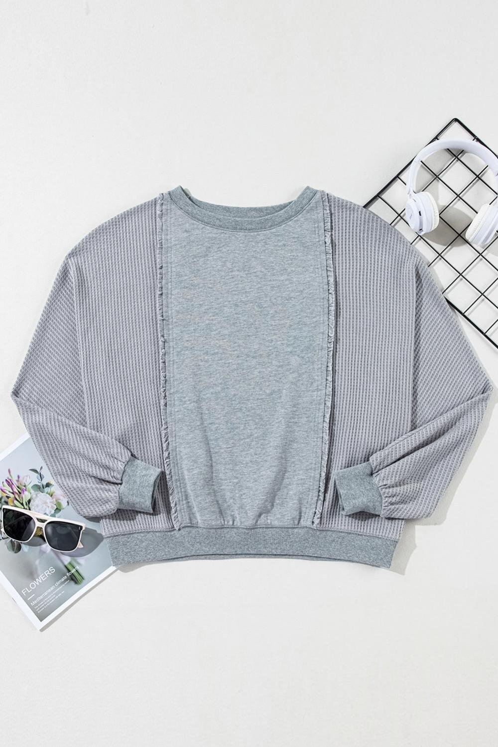 Long Sleeve Tops | Women Light Grey Waffle Patchwork Long Sleeve Pullover Top