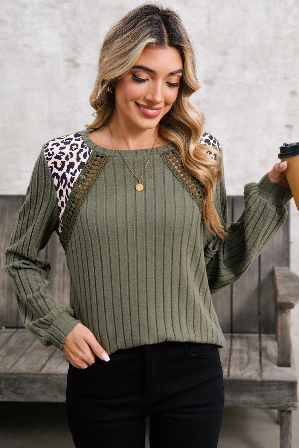 Long Sleeve Tops | Women Moss Green Leopard Print Patchwork Crochet Rib Textured Top