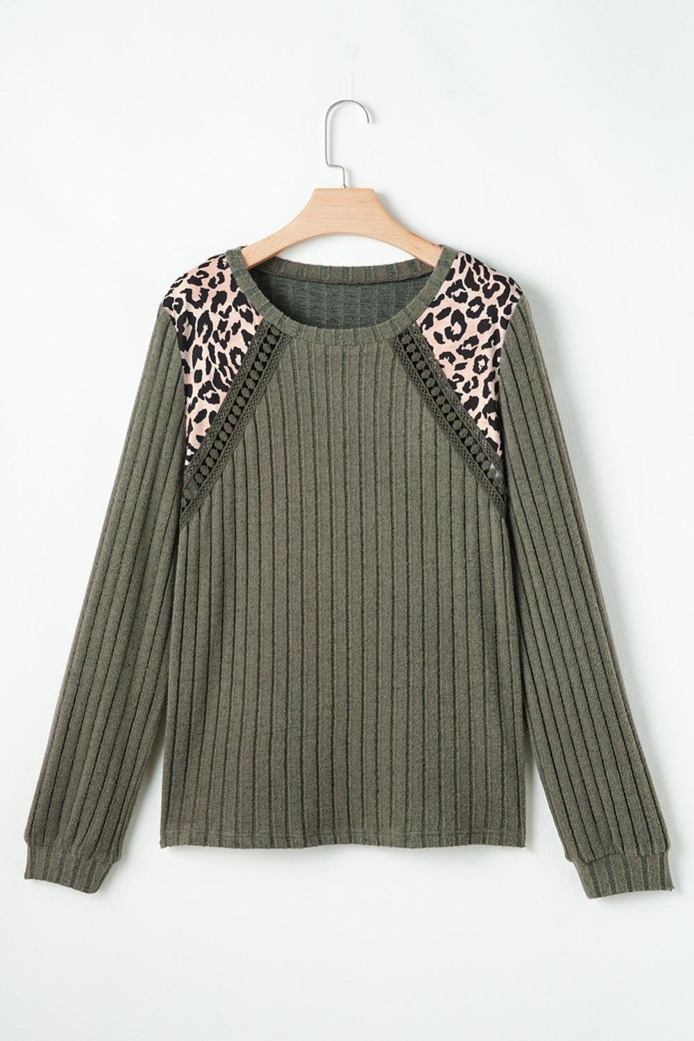 Long Sleeve Tops | Women Moss Green Leopard Print Patchwork Crochet Rib Textured Top