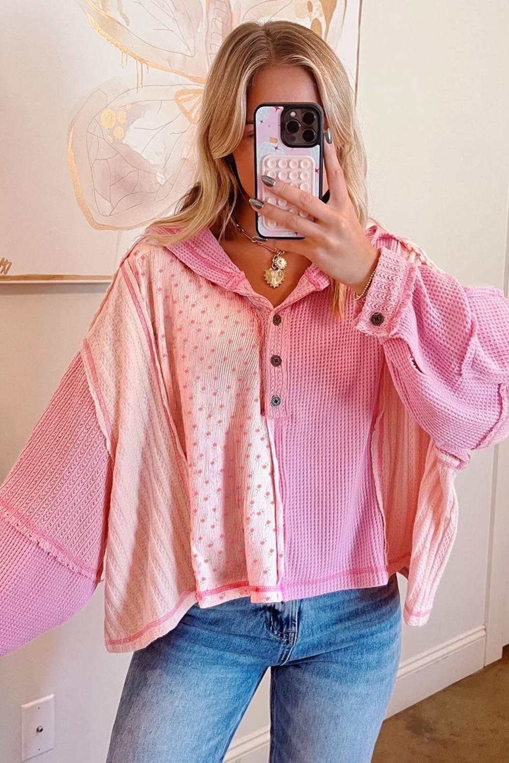 Long Sleeve Tops | Women Pink Mixed Texture Waffle Floral Patchwork Hooded Oversized Pullover Top