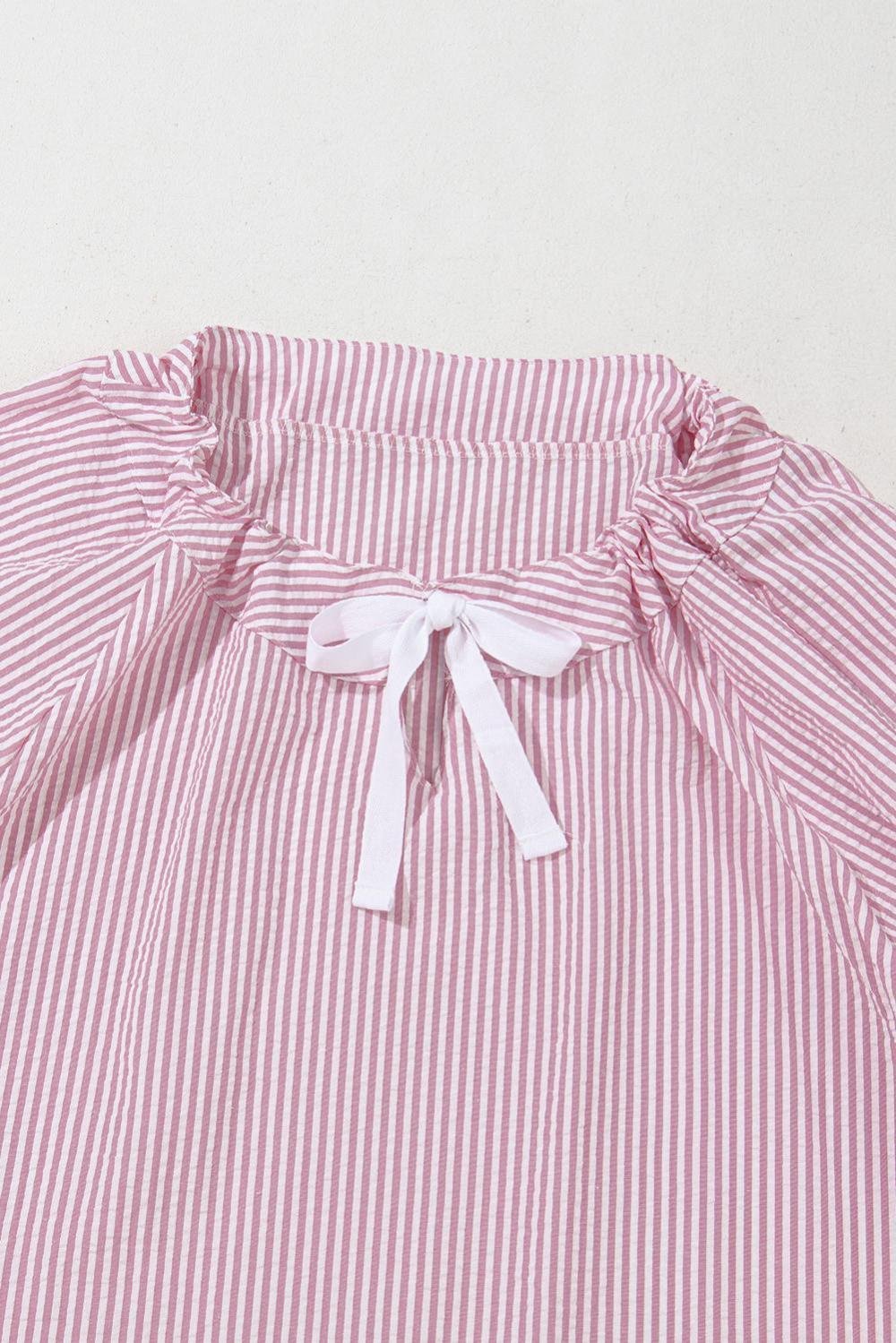 Long Sleeve Tops | Women Pink Stripe Bow Tie Front Round Neck Long Sleeve Top