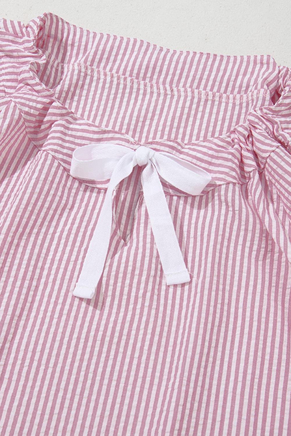 Long Sleeve Tops | Women Pink Stripe Bow Tie Front Round Neck Long Sleeve Top