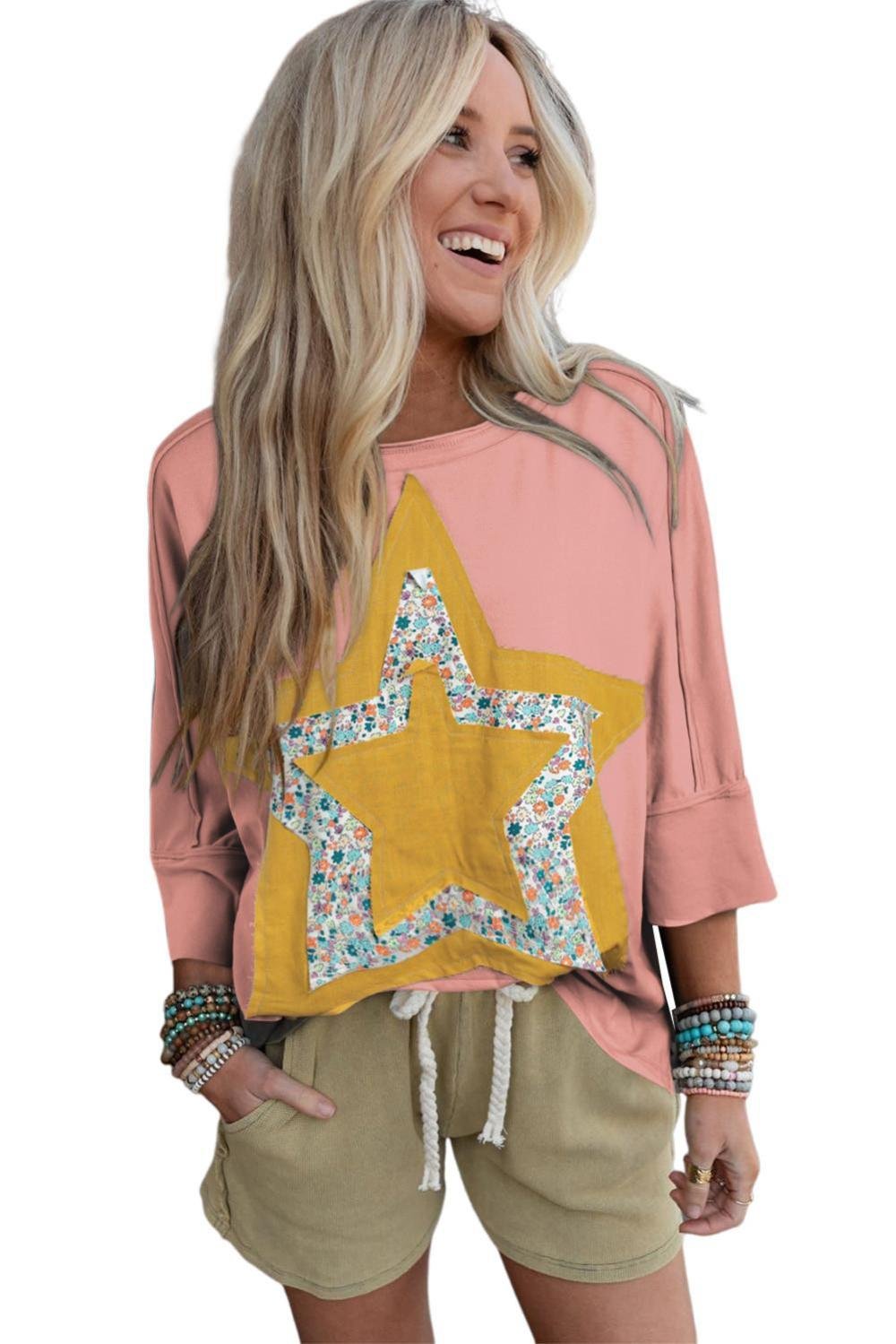 Long Sleeve Tops | Women Rose Tan Floral Star Patched Exposed Seam Top