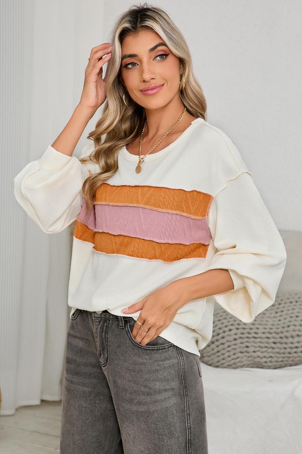 Long Sleeve Tops | Women White Corded Exposed Seam Patchwork Drop Sleeve Top