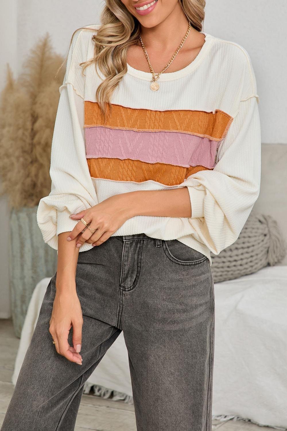 Long Sleeve Tops | Women White Corded Exposed Seam Patchwork Drop Sleeve Top