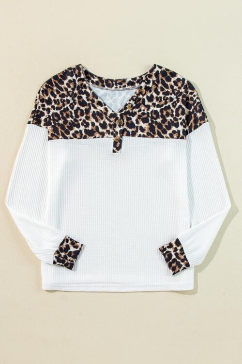 Long Sleeve Tops | Women White Leopard Waffle Knit Patchwork Button V Neck Top