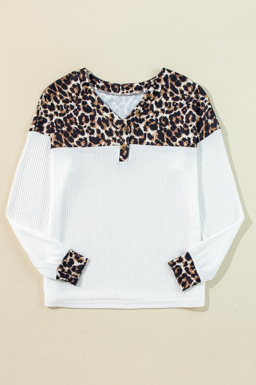 Long Sleeve Tops | Women White Leopard Waffle Knit Patchwork Button V Neck Top