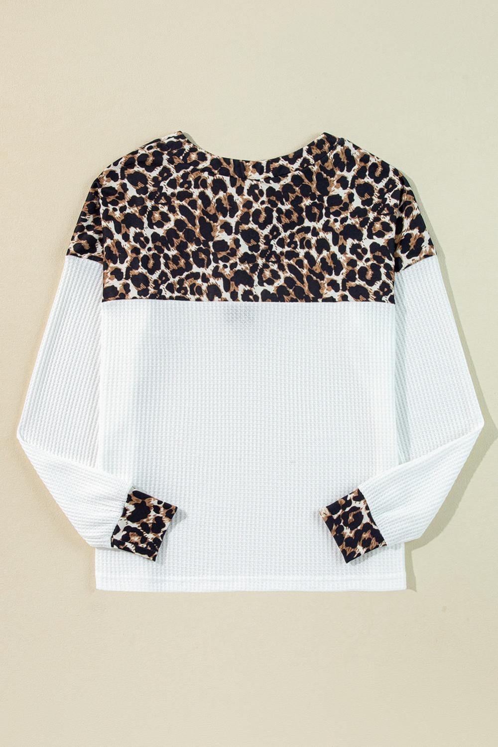 Long Sleeve Tops | Women White Leopard Waffle Knit Patchwork Button V Neck Top