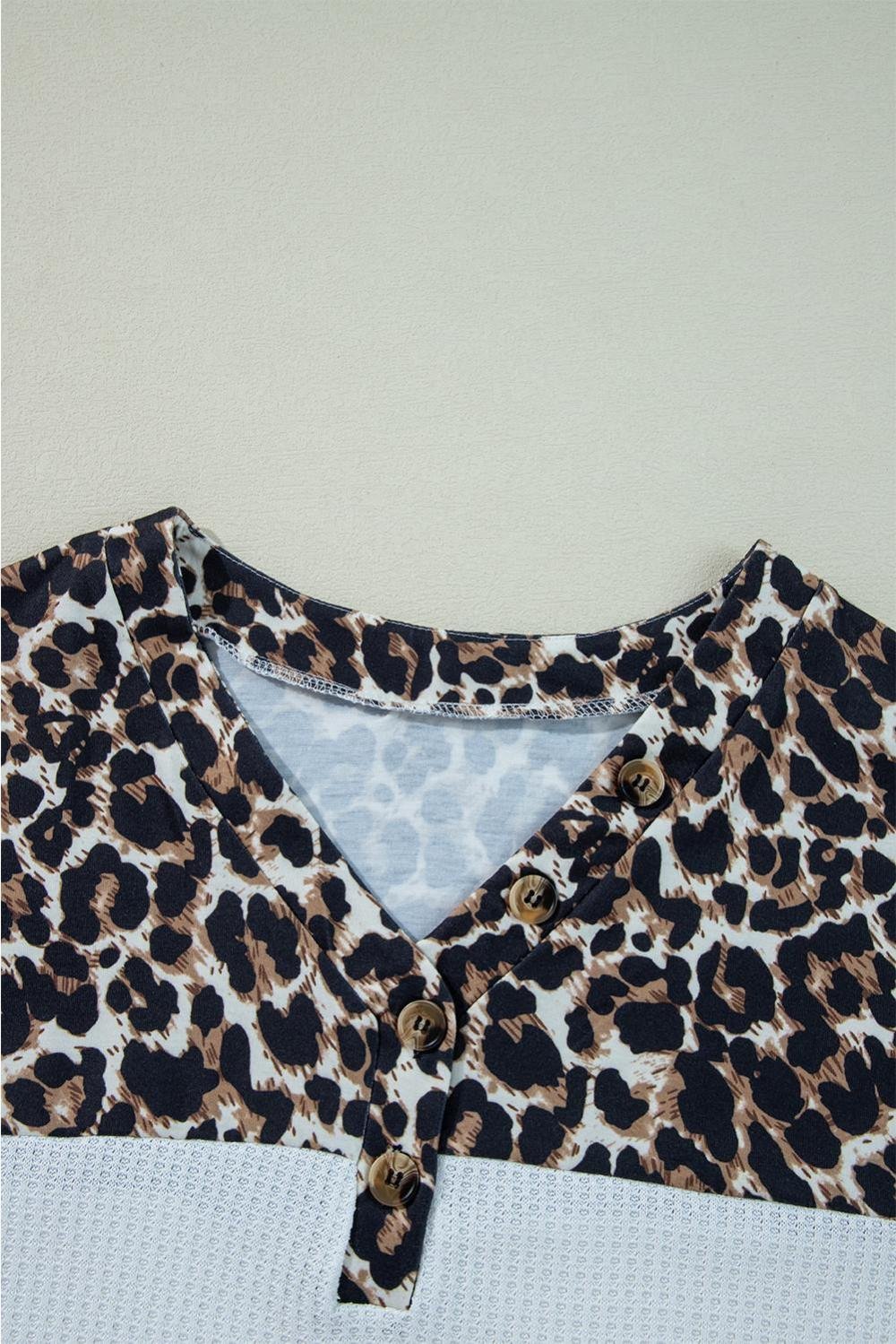 Long Sleeve Tops | Women White Leopard Waffle Knit Patchwork Button V Neck Top