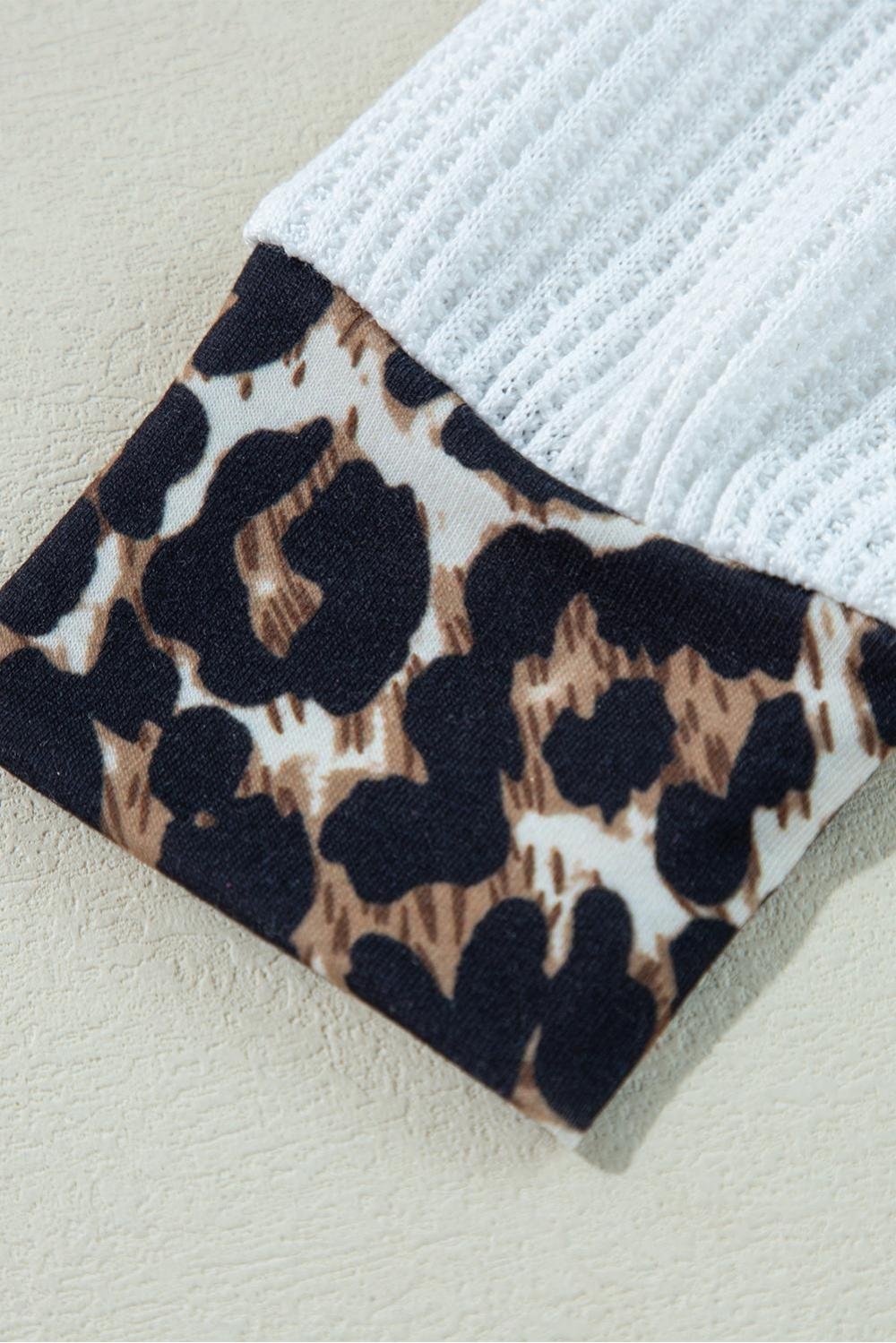 Long Sleeve Tops | Women White Leopard Waffle Knit Patchwork Button V Neck Top