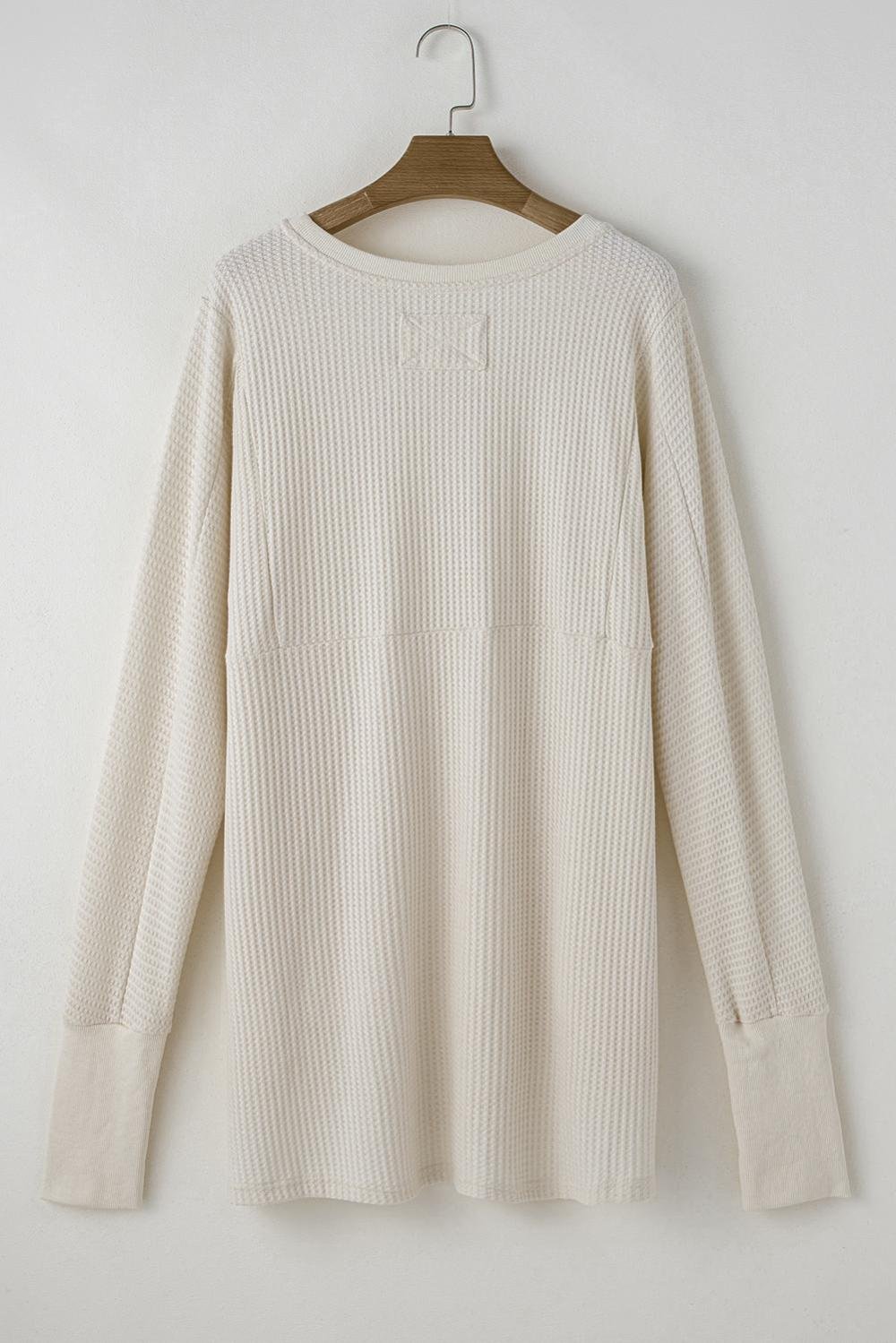 Long Sleeve Tops | Women White Waffle Knit Exposed Seam Round Neck Oversized Top