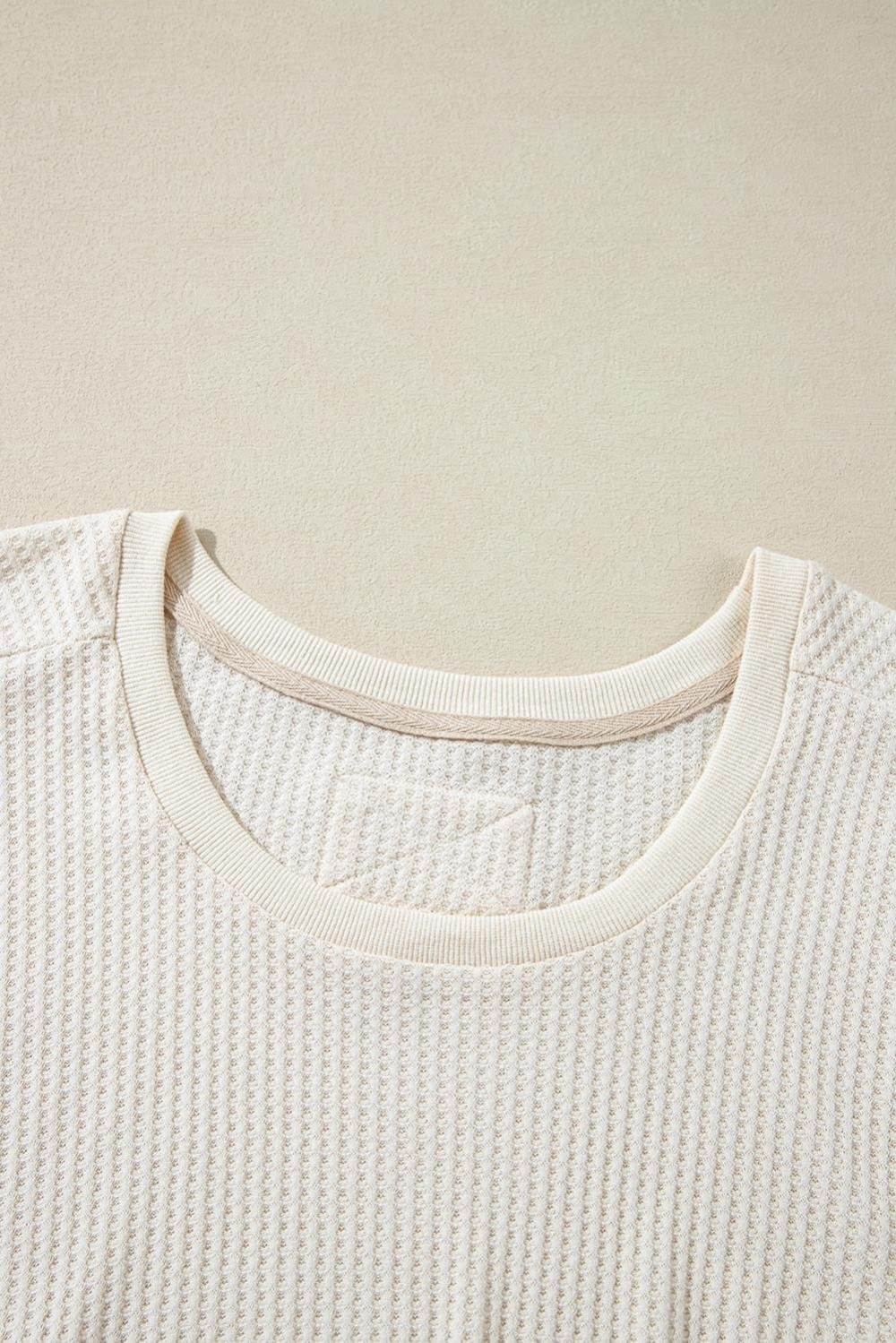 Long Sleeve Tops | Women White Waffle Knit Exposed Seam Round Neck Oversized Top