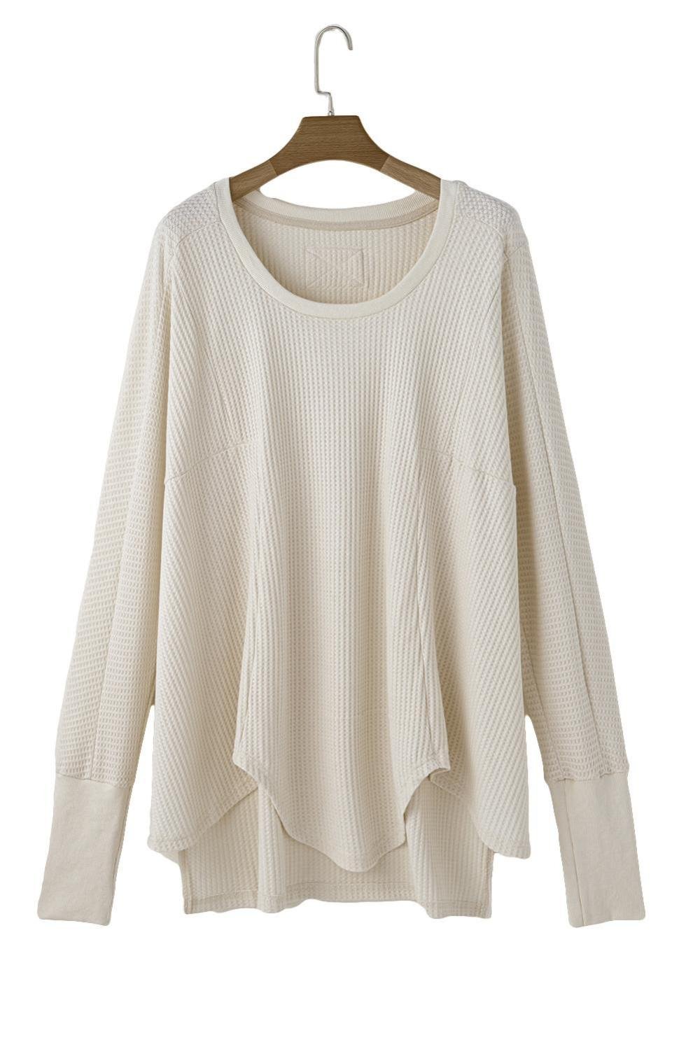 Long Sleeve Tops | Women White Waffle Knit Exposed Seam Round Neck Oversized Top