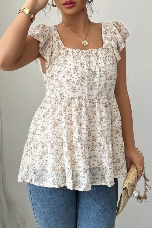 Sleeveless Tops | Women Beige Floral Print Square Neck Ruffle Sleeveless Top