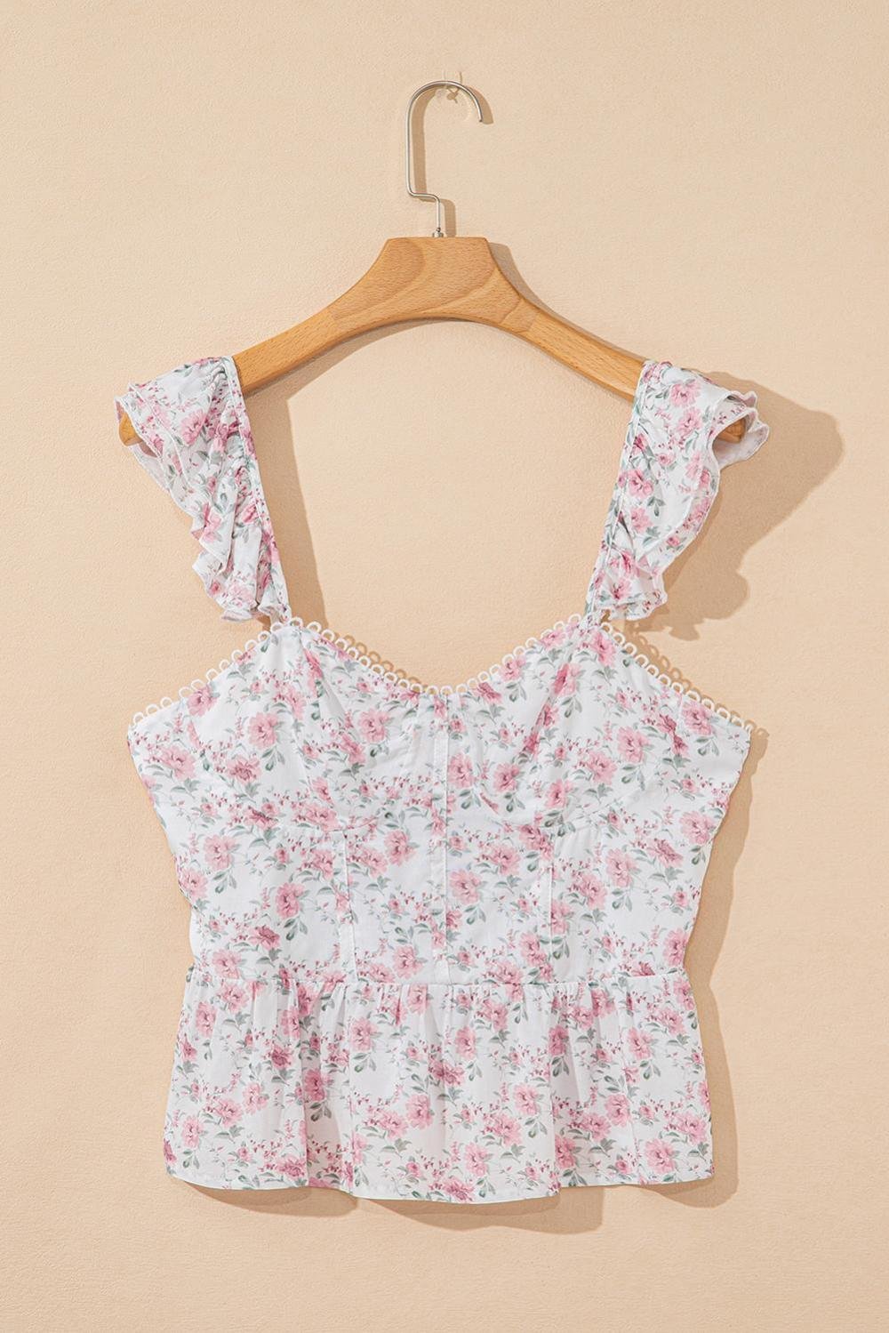 Sleeveless Tops | Women Pink Floral Flutter Peplum Cami Top