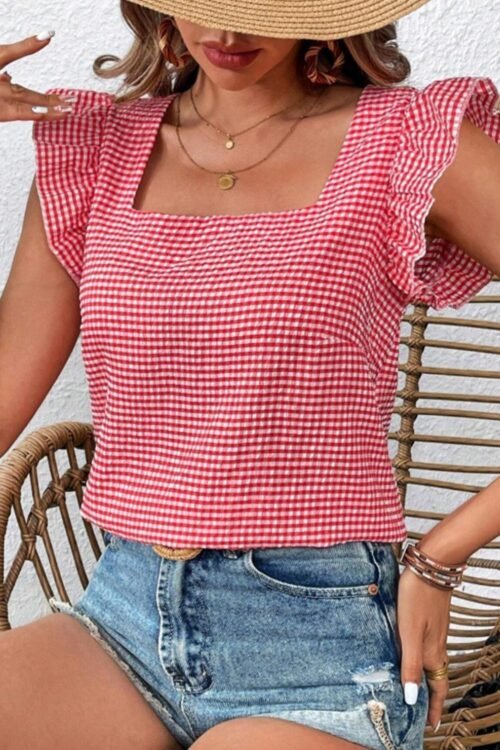 Sleeveless Tops | Women Red Gingham Square Neck Flutter Sleeveless Blouse