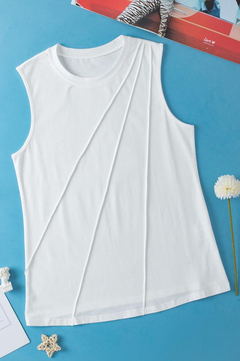 Sleeveless Tops | Women White Solid Color Crew Neck Pleated Tank Top
