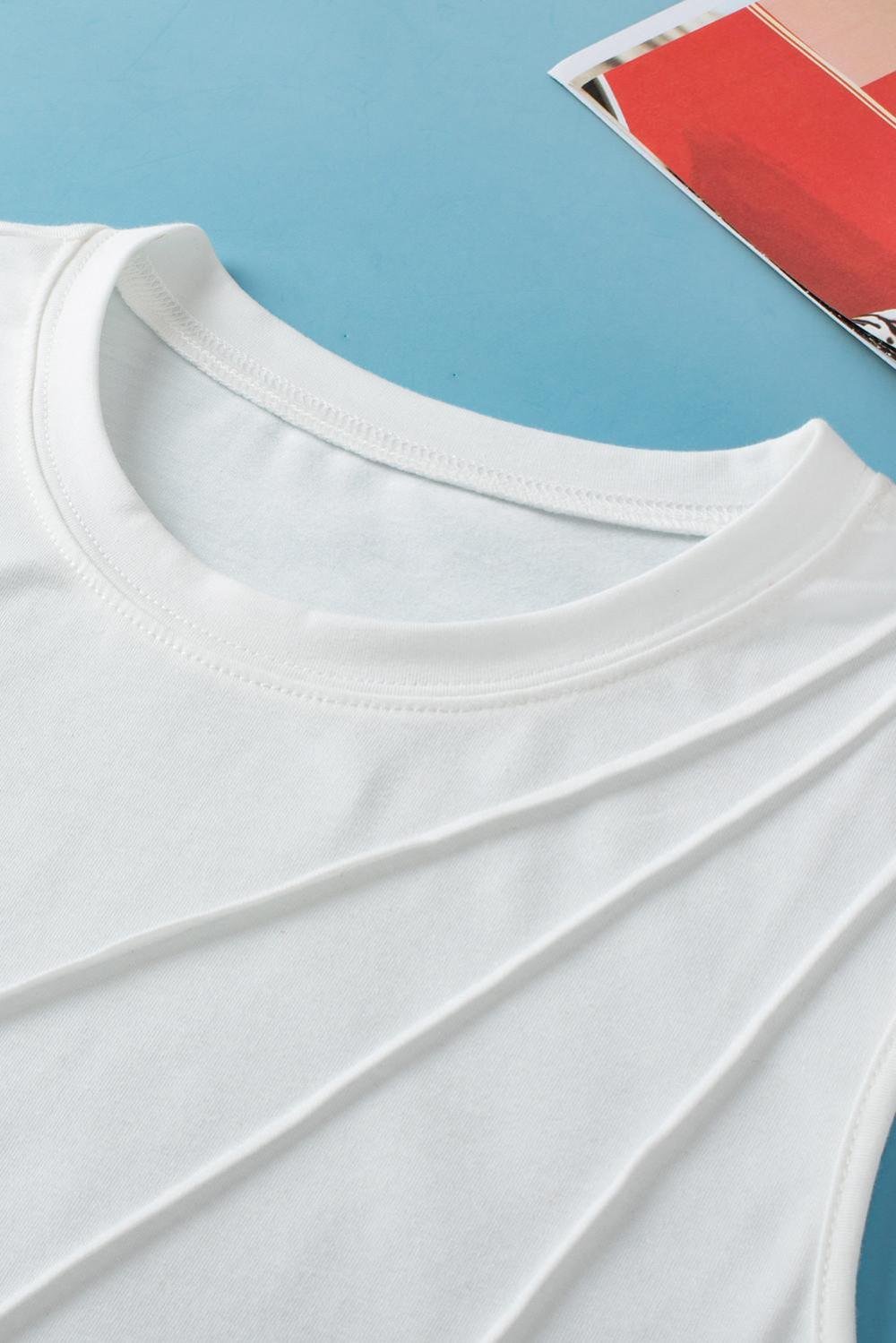 Sleeveless Tops | Women White Solid Color Crew Neck Pleated Tank Top