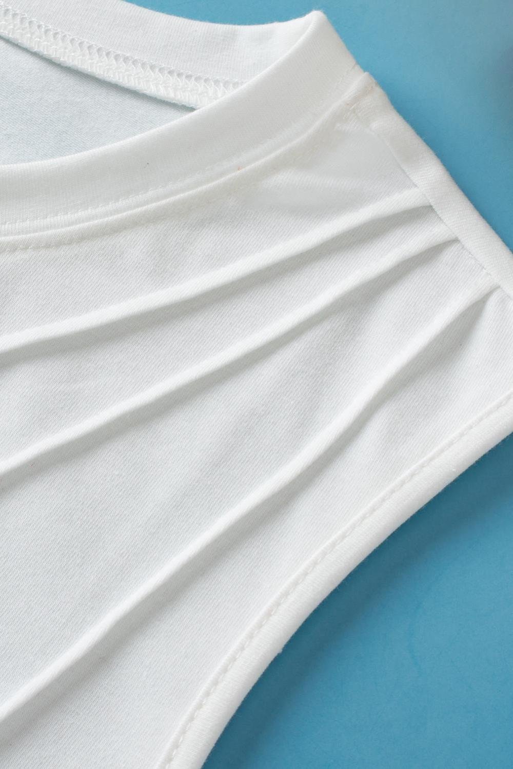 Sleeveless Tops | Women White Solid Color Crew Neck Pleated Tank Top
